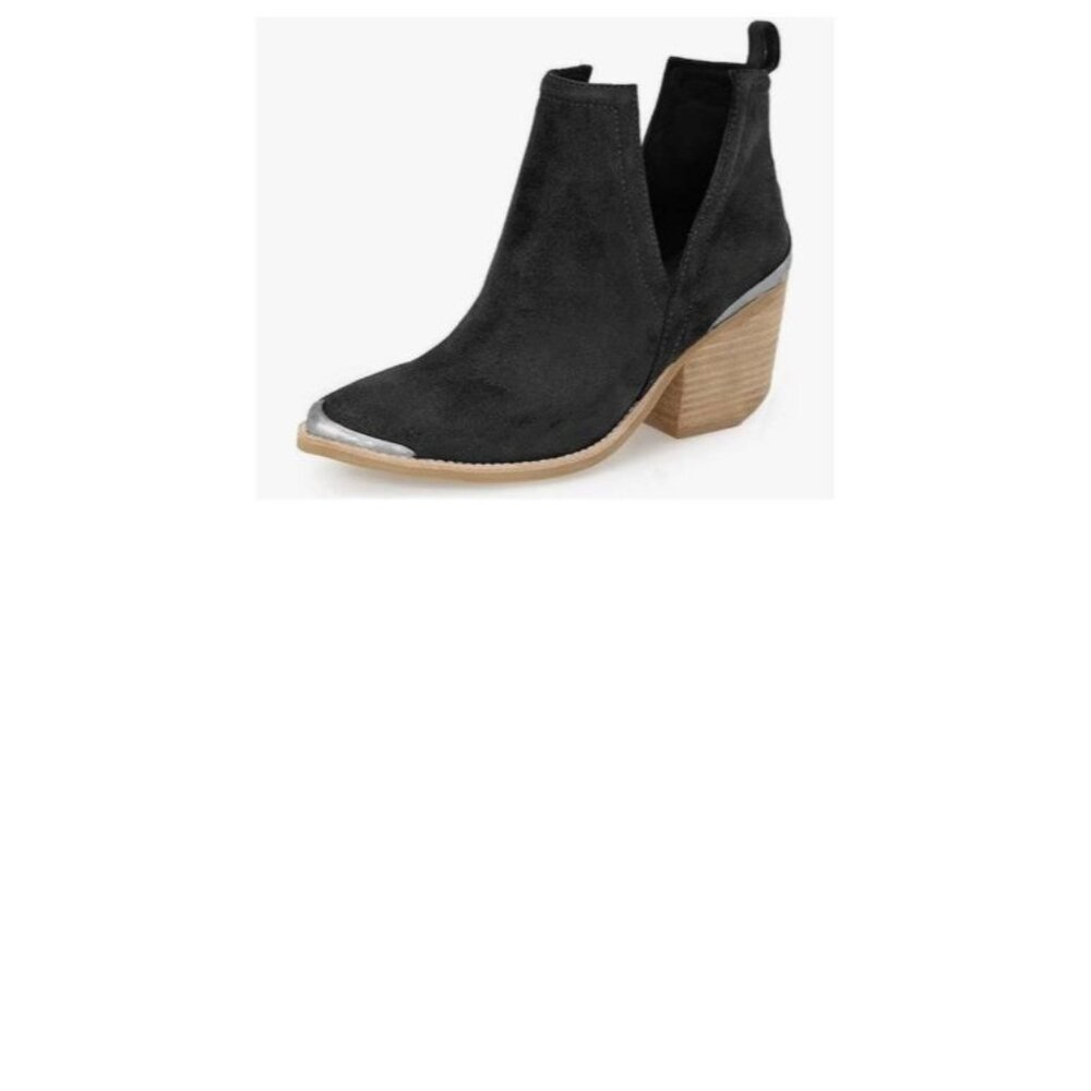 Black V Cut Ankle Boots Side Zipper Chunky Stacked Heel Snakeskin Booties Shoes